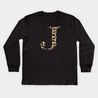 Letter J Leopard Cheetah Monogram Initial Kids Long Sleeve T-Shirt